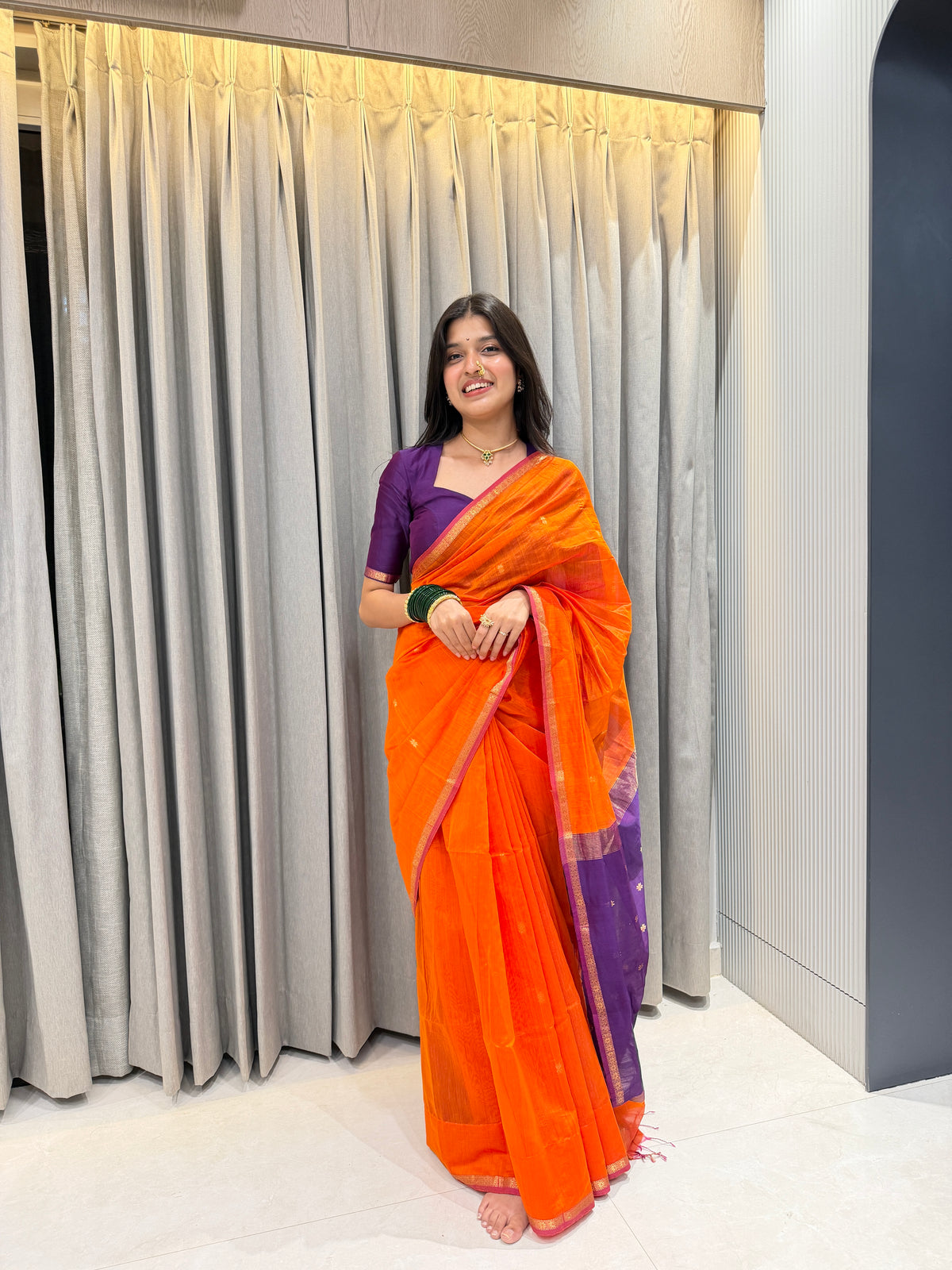 Sayali Kesari Purple Pallu Maheshwari Handloom Saree