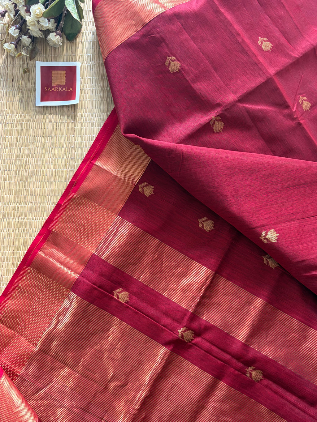 Lotus Maroon Red Maheshwari Handloom Saree with Gold Border