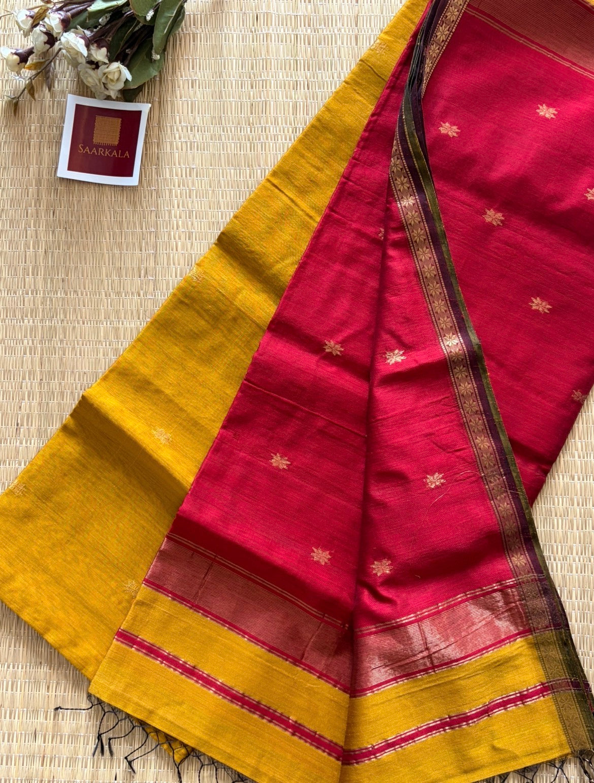 Mustard and Red Maheshwari Handwoven Saree with Gold Zari Border