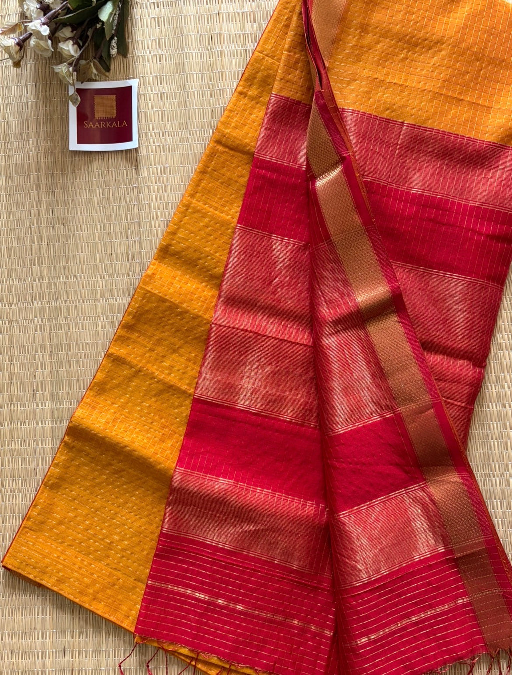 Mustard Red Checked Maheshwari Handwoven Saree with Gold Zari Border