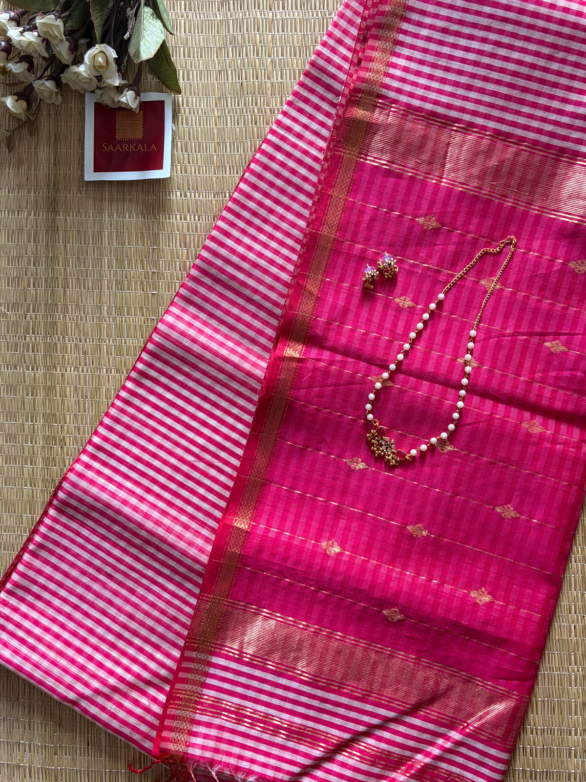 Gingham Pink Maheshwari Handloom Saree