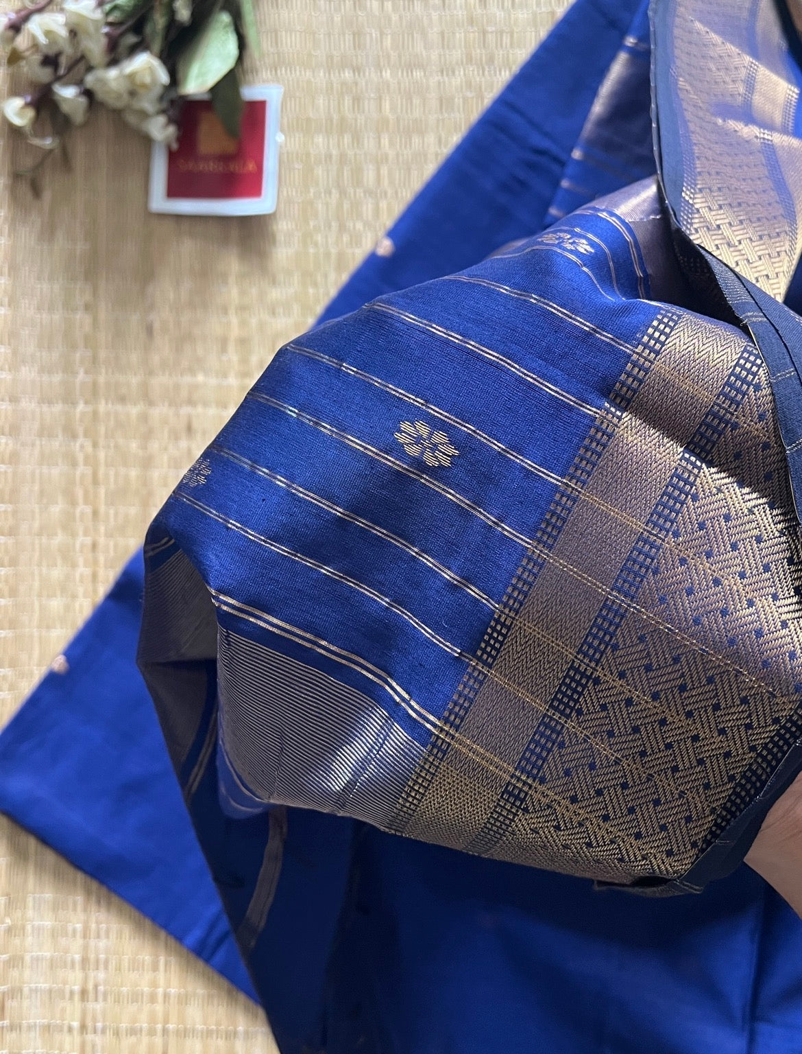 Khatia Blue Maheshwari Handwoven Saree with Gold Zari Border