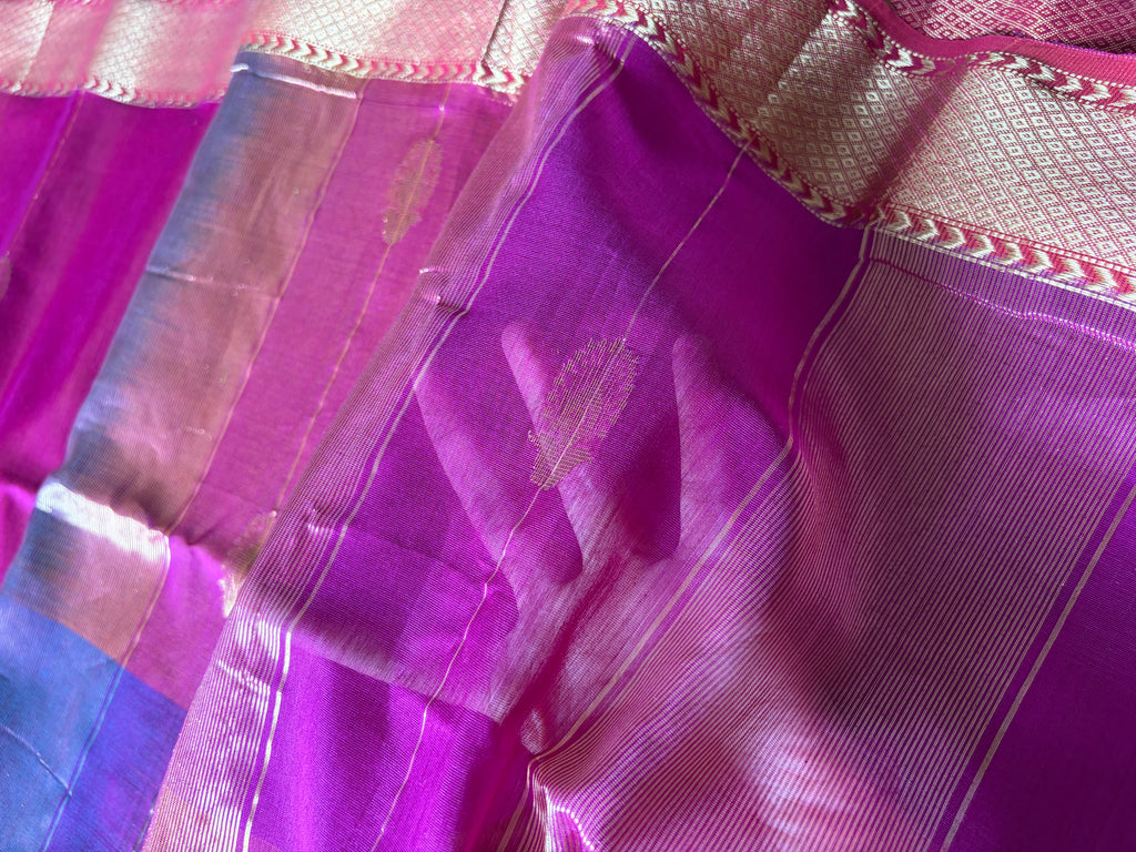Reshami Pink Shaded Maheshwari Handwoven Saree with Gold Butti