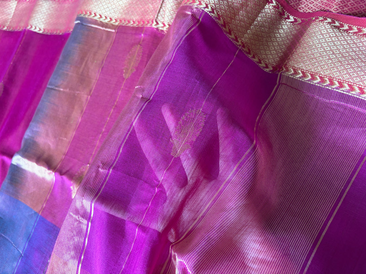 Reshami Pink Shaded Maheshwari Handwoven Saree with Gold Butti