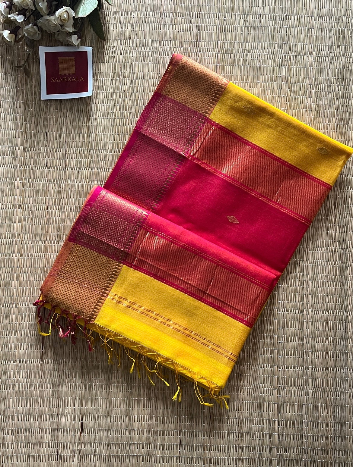 Karvath Pink Yellow silk & cotton pure Handloom saree