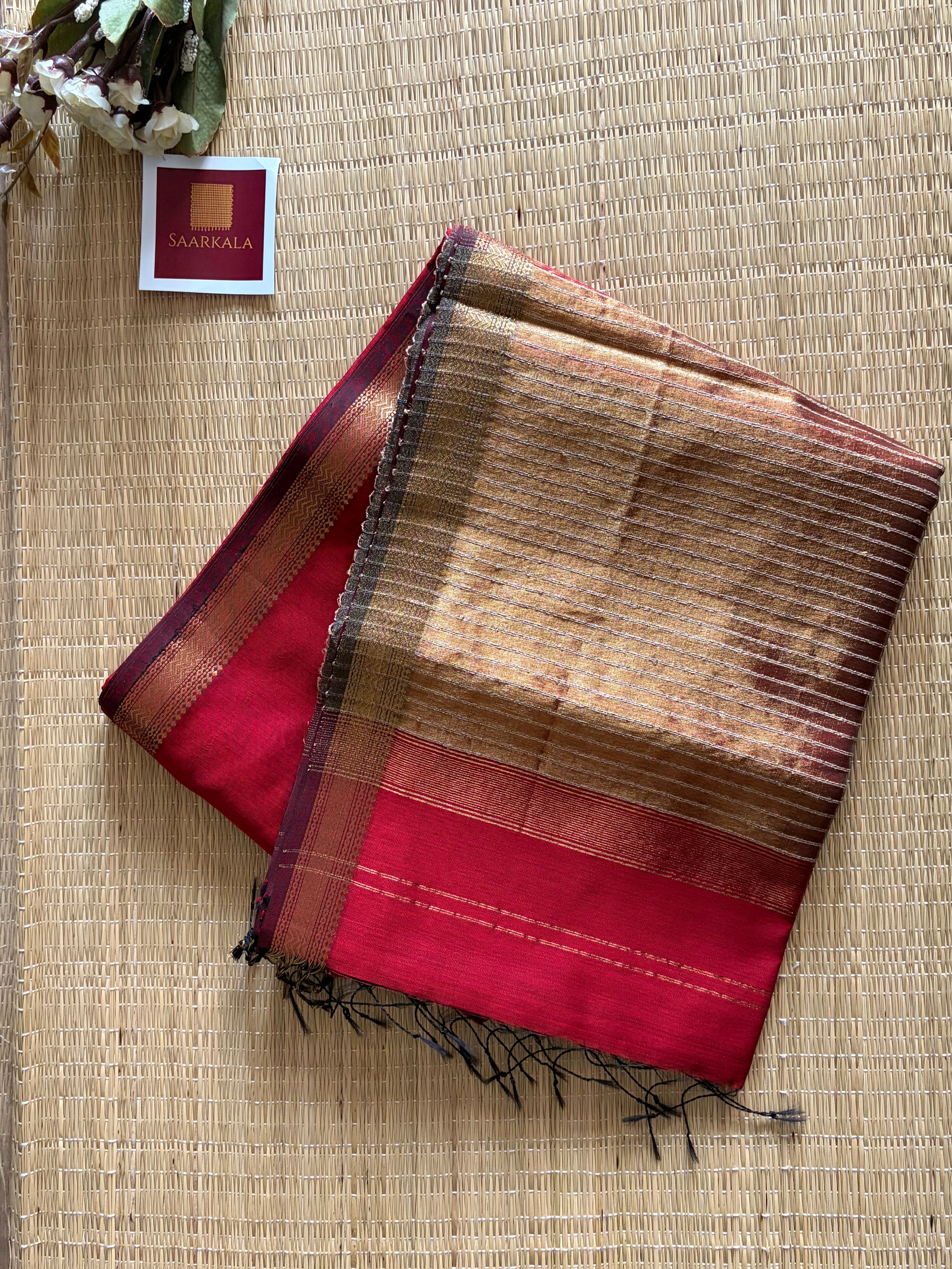 Red kosa Maheshwari silk by cotton handloom saree