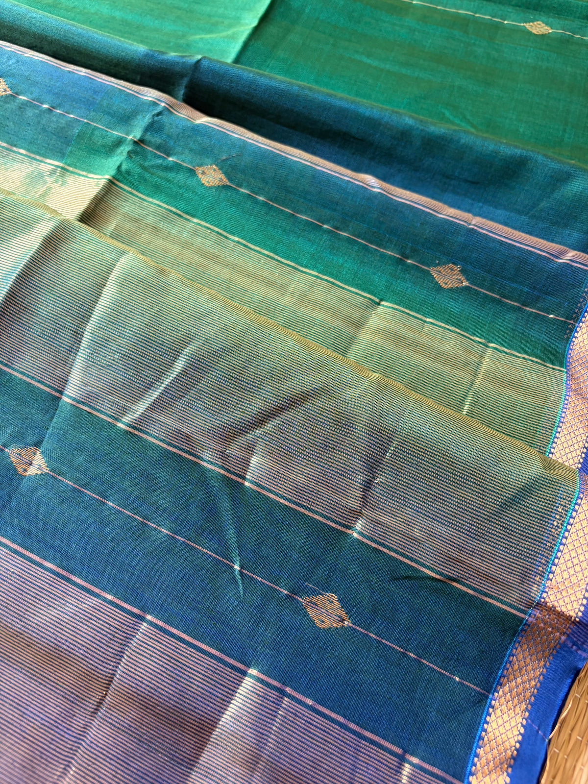 Rama Green Dual Shaded Maheshwari Handwoven Saree with Gold Zari Border