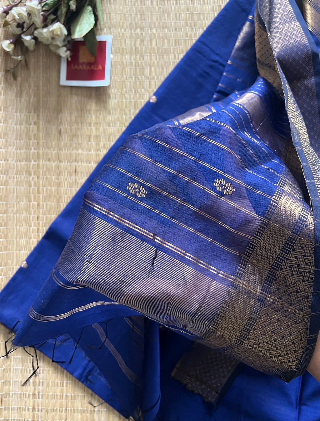 Khatia Blue Maheshwari Handwoven Saree with Gold Zari Border