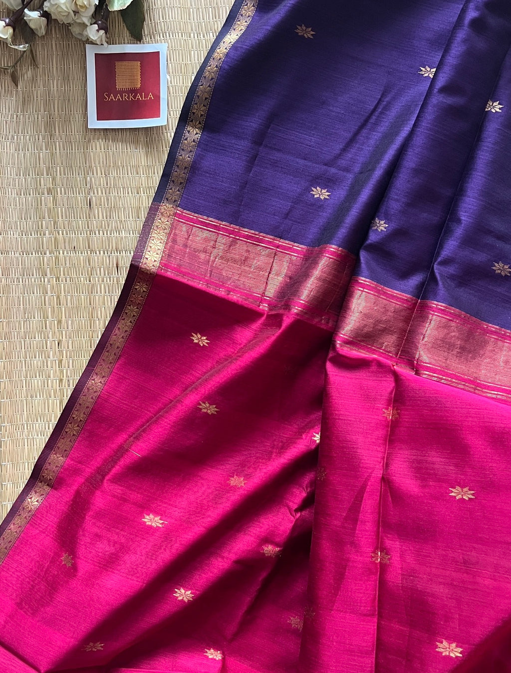 Purple Pink Maheshwari Handwoven Saree with Gold Zari Border