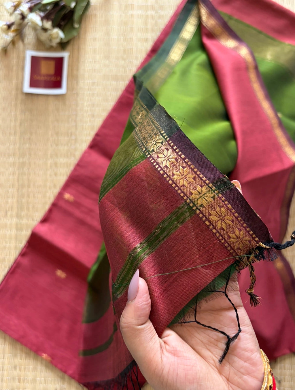 Gajri Green Maheshwari Handwoven Saree with Gold Zari Border
