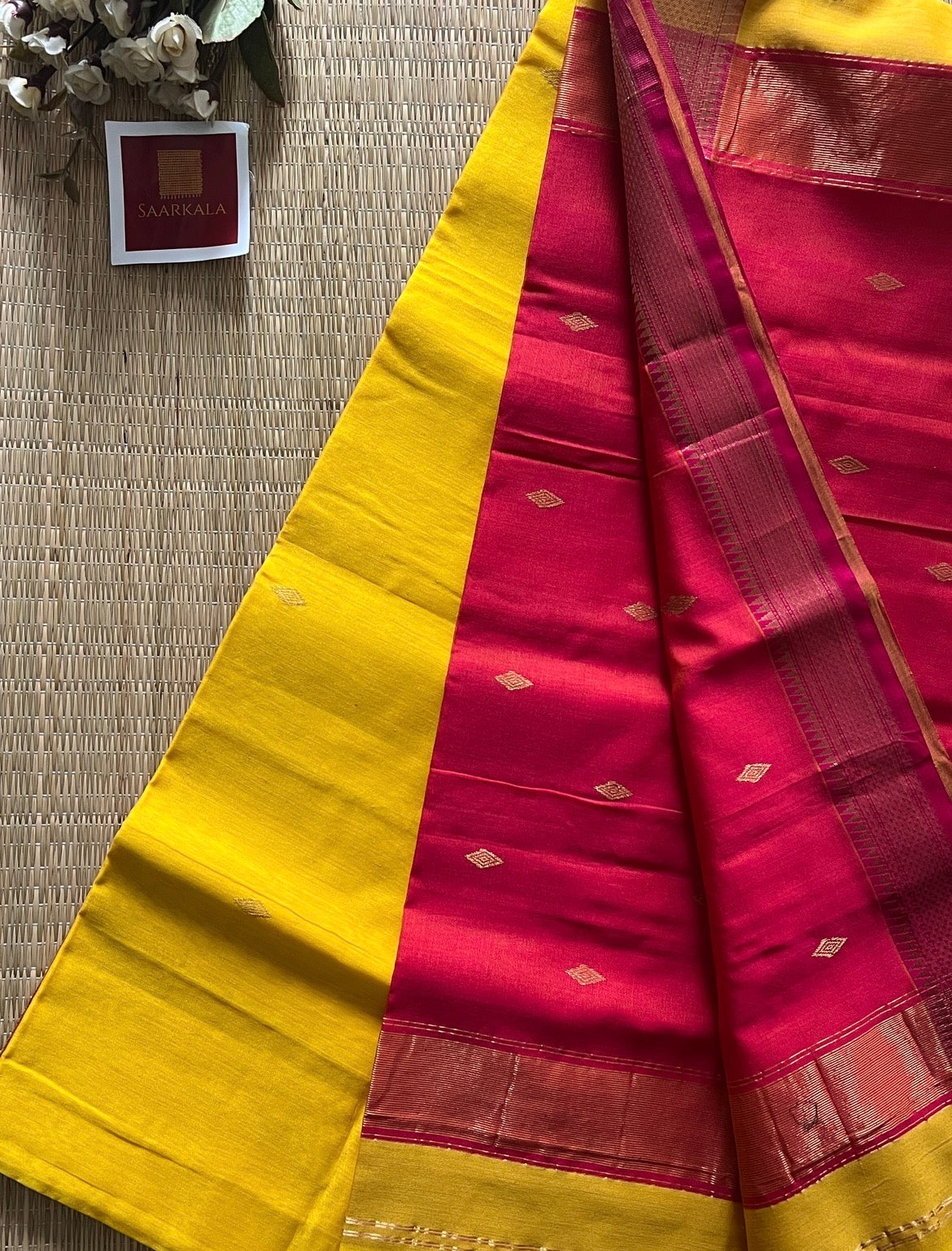 Karvath Pink Yellow silk & cotton pure Handloom saree