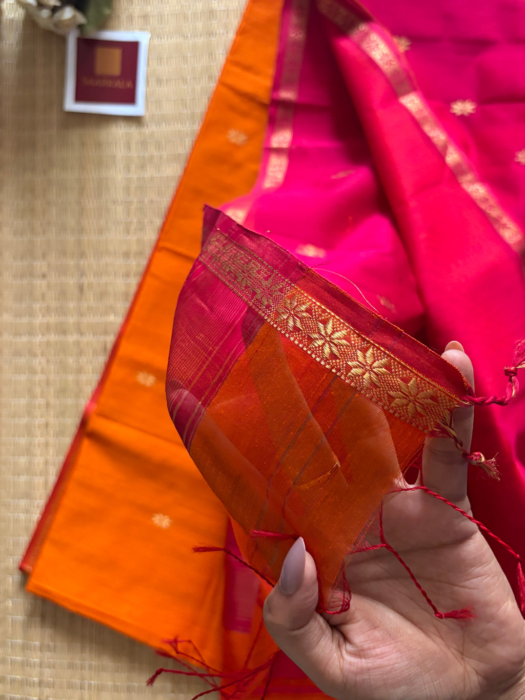 Siyali Mustard and Pink Chameli Maheshwari Handloom Silk Cotton Saree