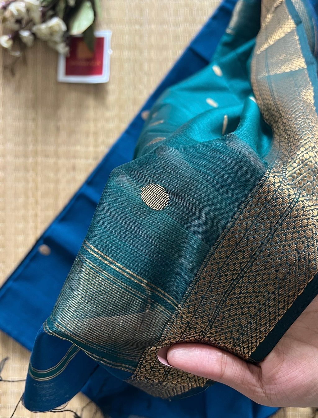 Sikka Rama Blue Maheshwari Handwoven Saree with Gold Zari Border