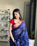Harshini Lotus Blue Red Maheshwari Handloom Saree with Gold Border