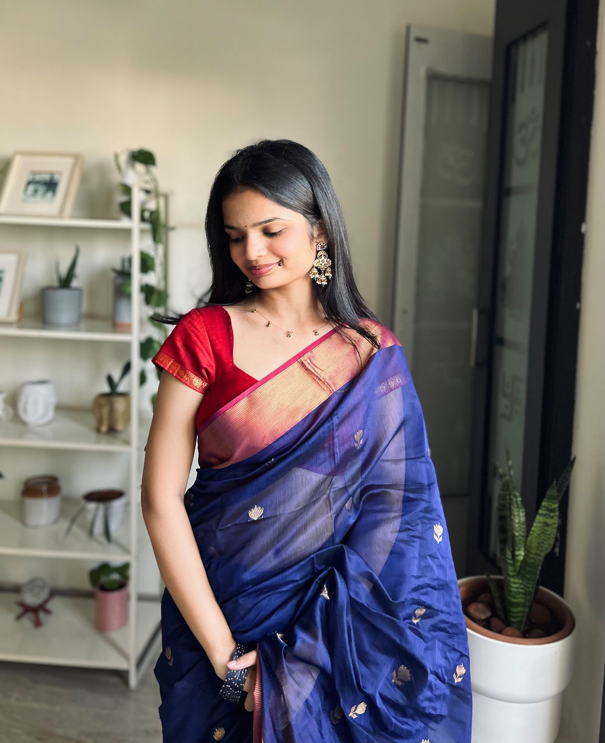 Harshini Lotus Blue Red Maheshwari Handloom Saree with Gold Border