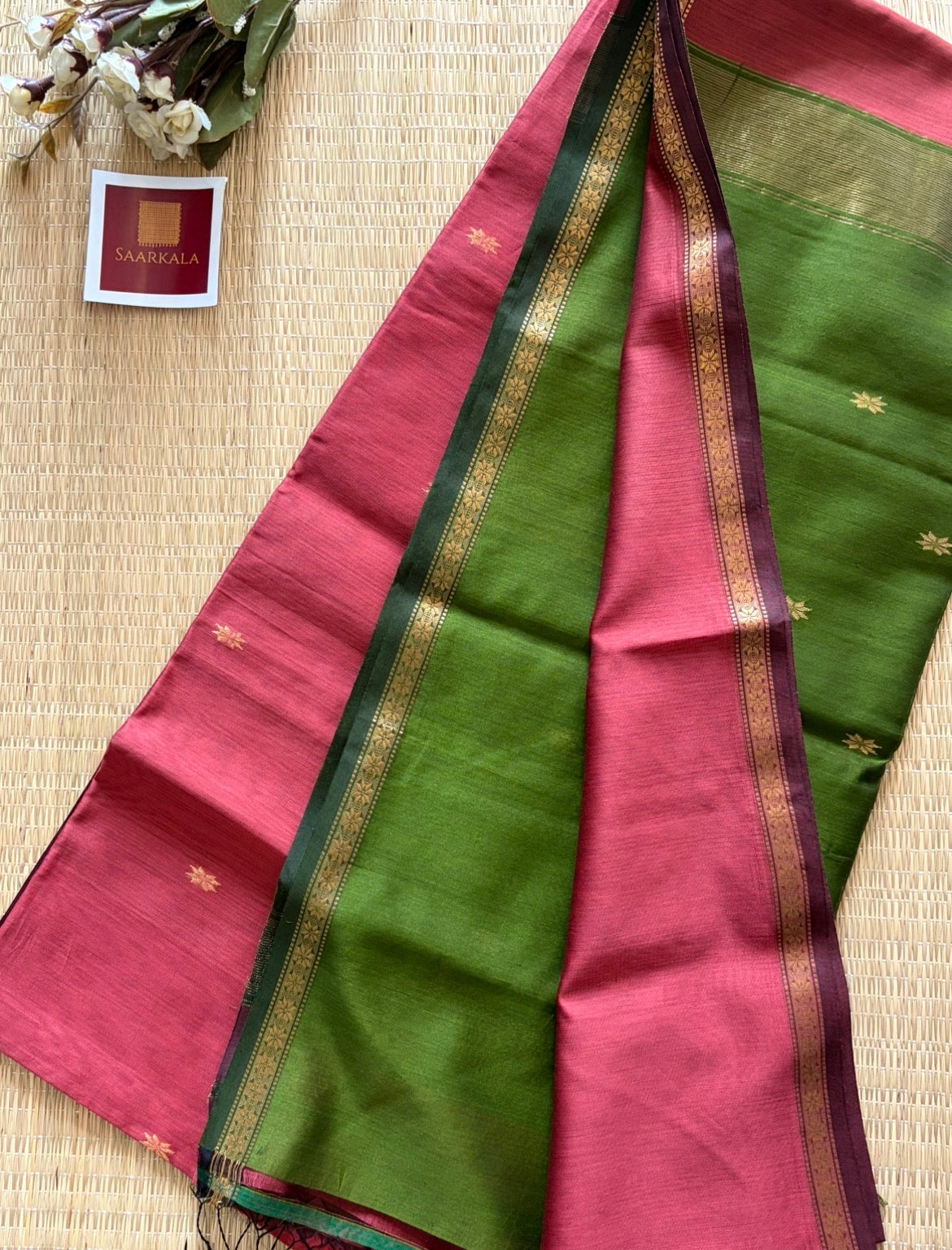 Gajri Green Maheshwari Handwoven Saree with Gold Zari Border