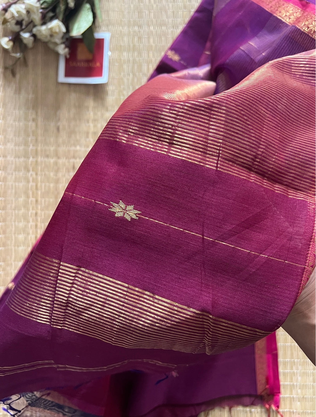 Dual Shaded Pink Purple Maheshwari Handwoven Saree with Gold Zari Border