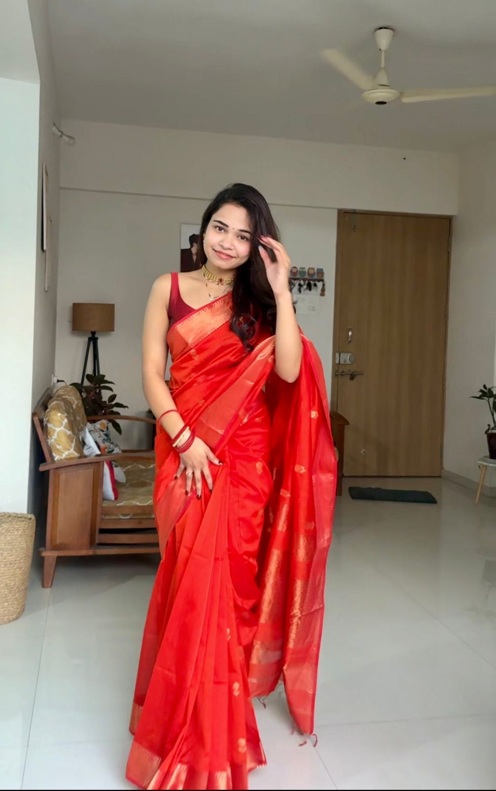 Lotus Orange Maheshwari Handloom Saree