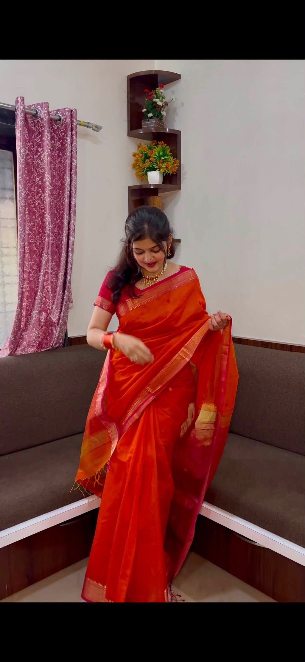 Karvath Orange Pink Maheshwari Handloom Saree