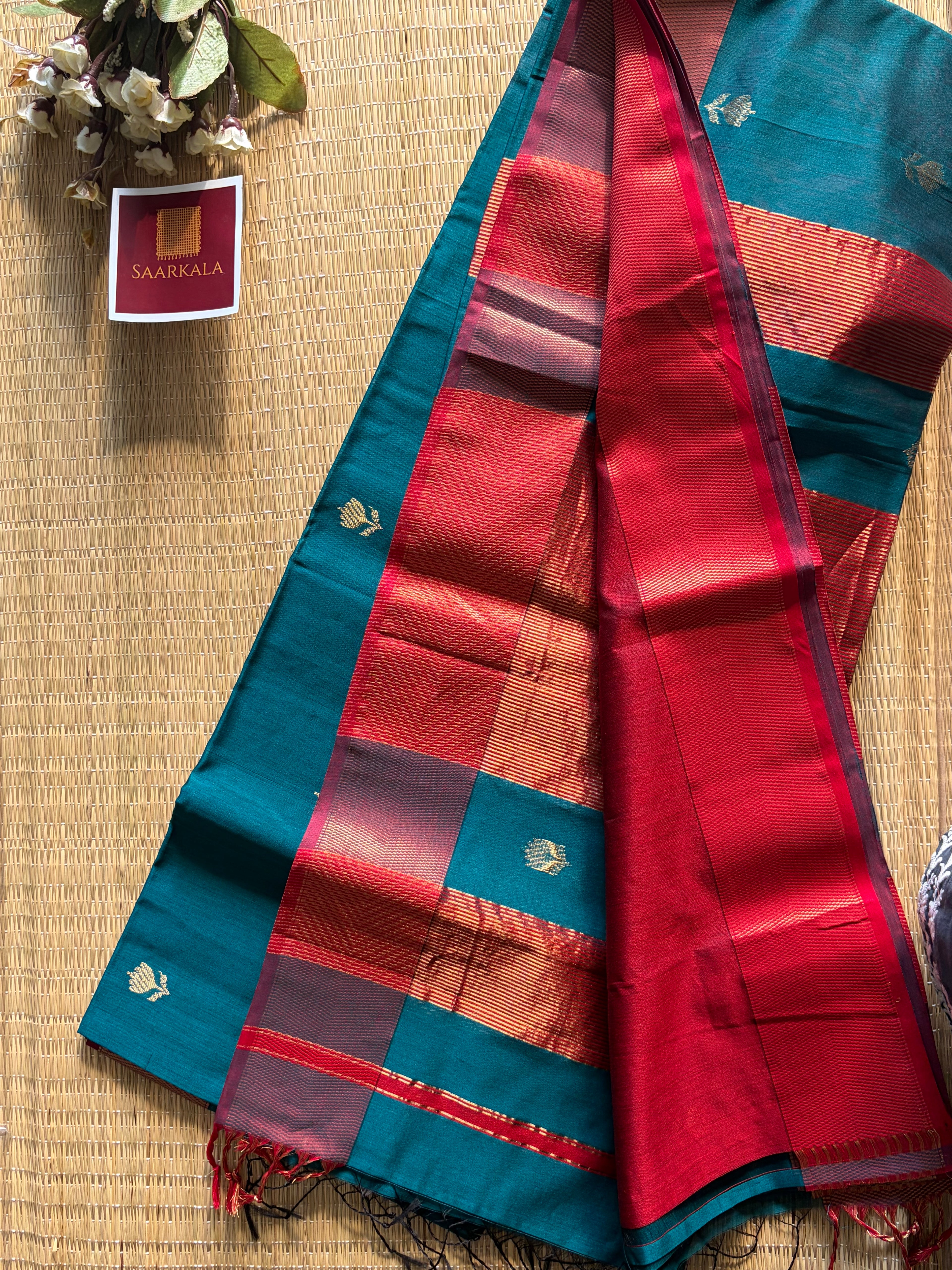 German Blue Red Lotus Maheshwari silk and cotton Saree