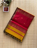 Mustard and Red Maheshwari Handwoven Saree with Gold Zari Border