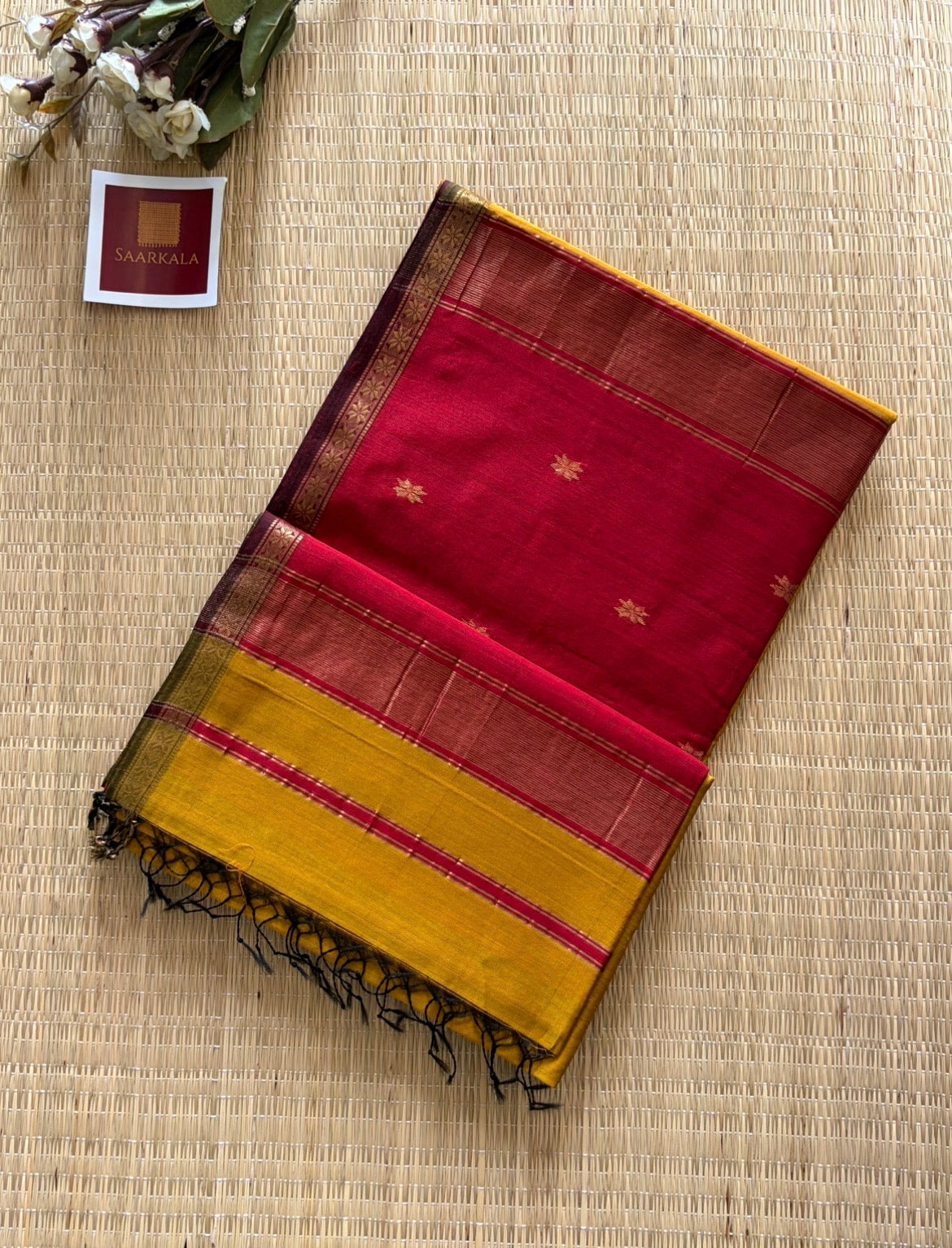 Mustard and Red Maheshwari Handwoven Saree with Gold Zari Border