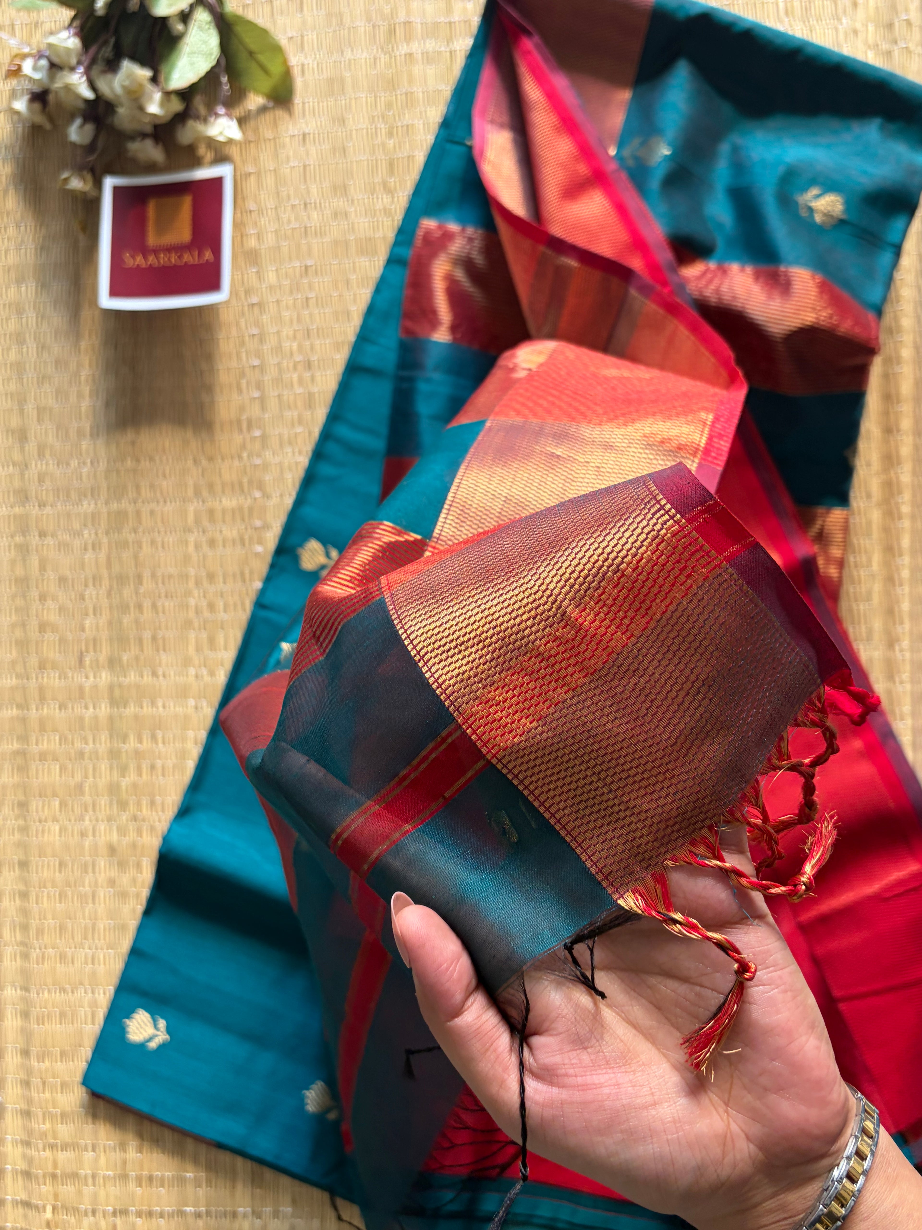 German Blue Red Lotus Maheshwari silk and cotton Saree