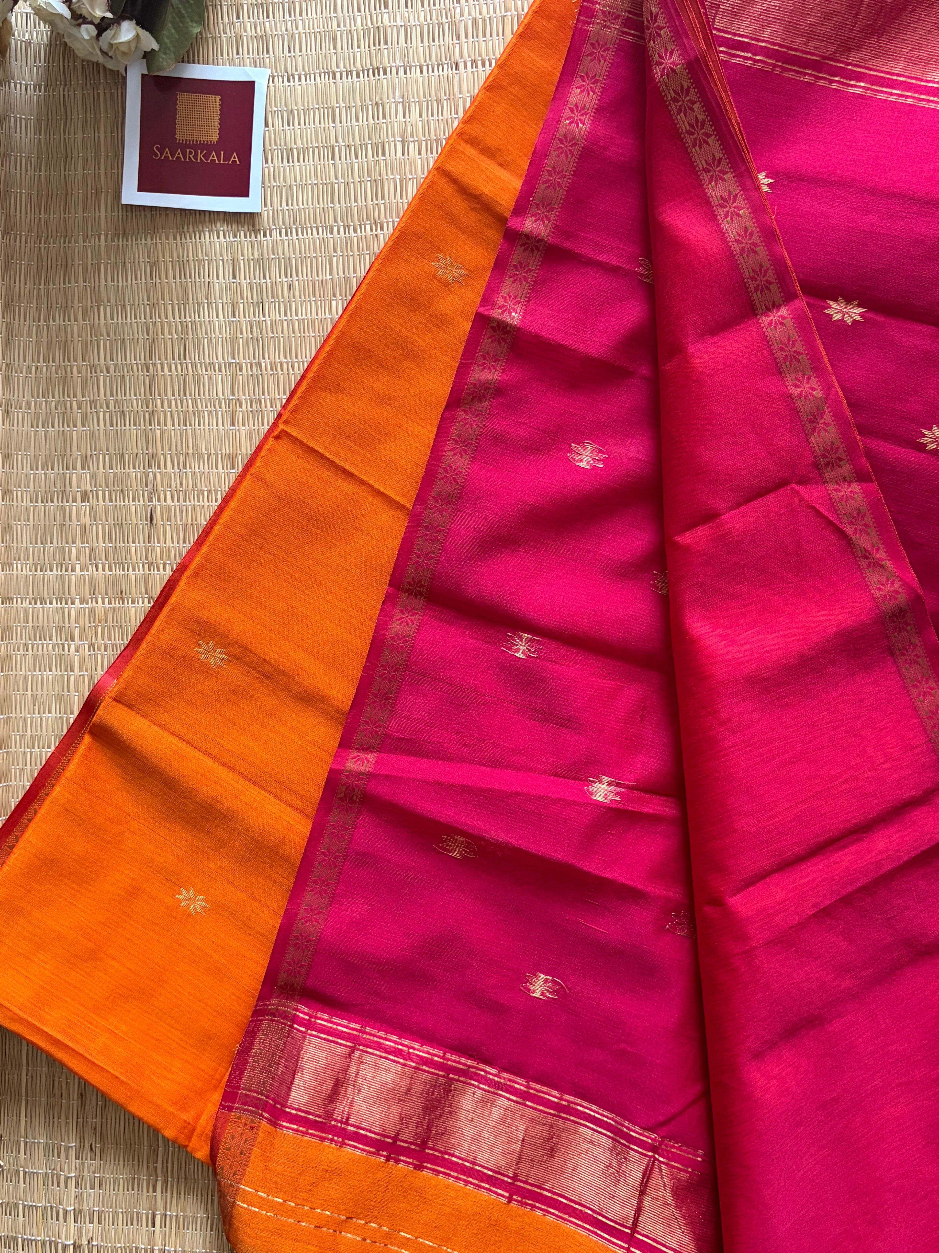 Siyali Mustard and Pink Chameli Maheshwari Handloom Silk Cotton Saree