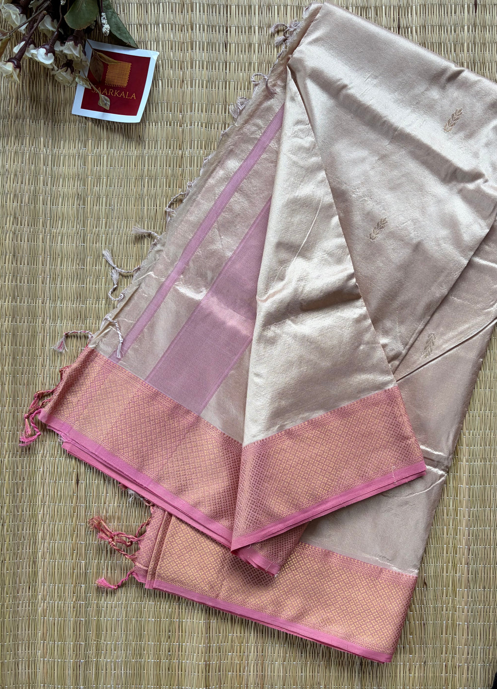 Beige Pure Silk Pink Maheshwari Handloom Saree