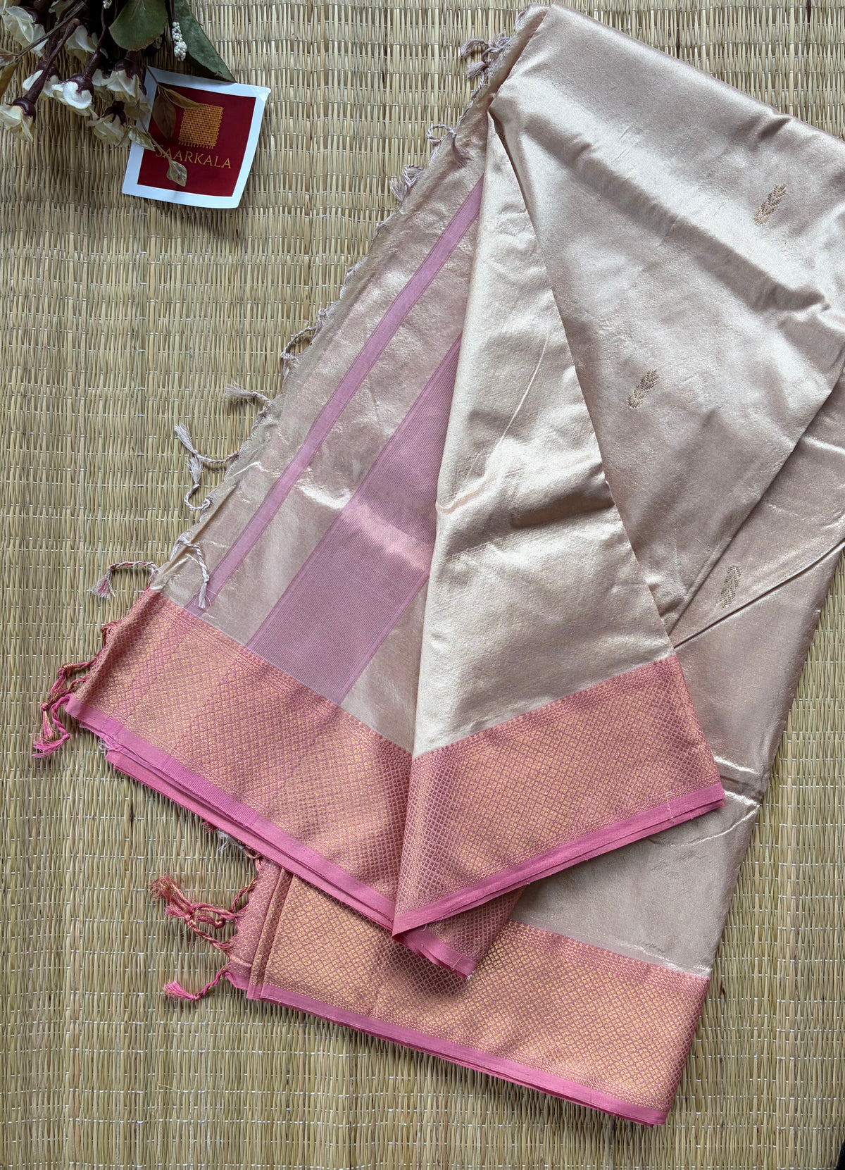 Beige Pure Silk Pink Maheshwari Handloom Saree