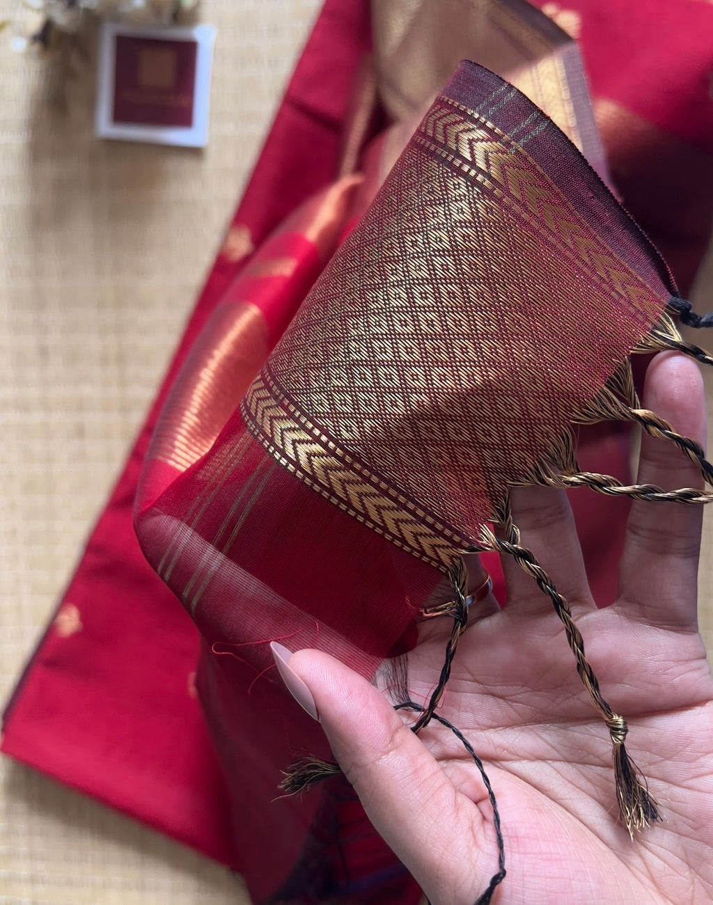 Maroon Lotus Maheshwari silk and cotton Saree