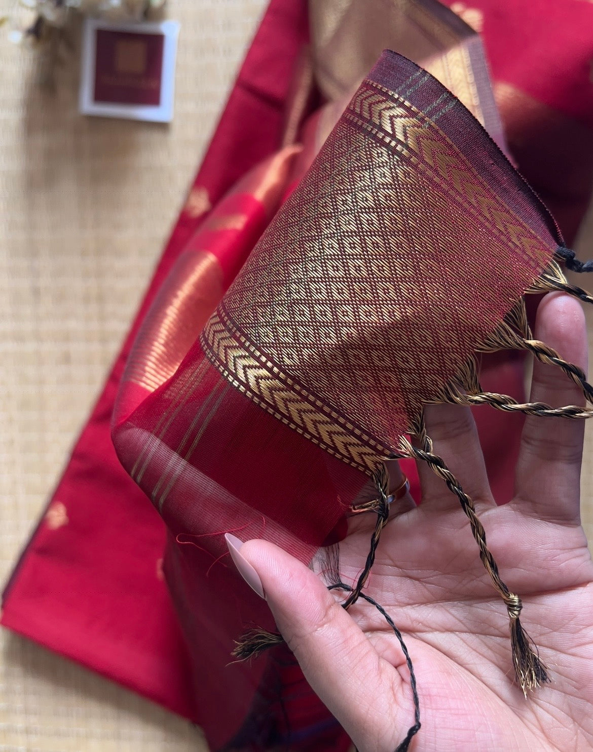 Maroon Lotus Maheshwari silk and cotton Saree