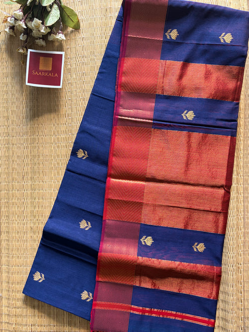 Blue Red Lotus Maheshwari silk and cotton Saree