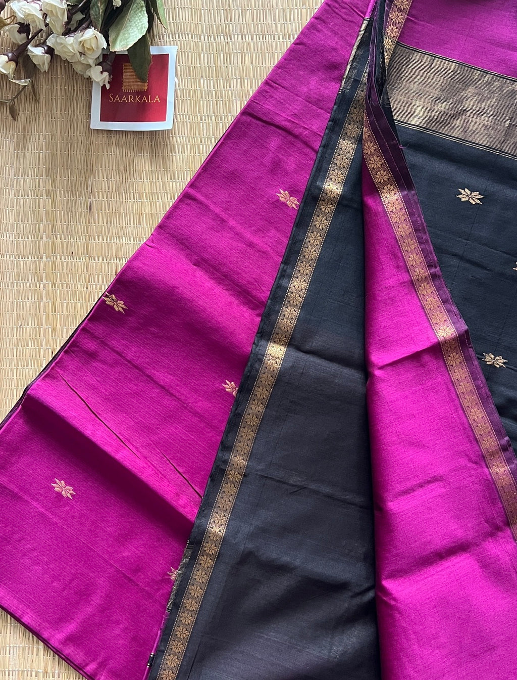 Chameli Magenta Black Maheshwari Handwoven Saree with Gold Zari Border