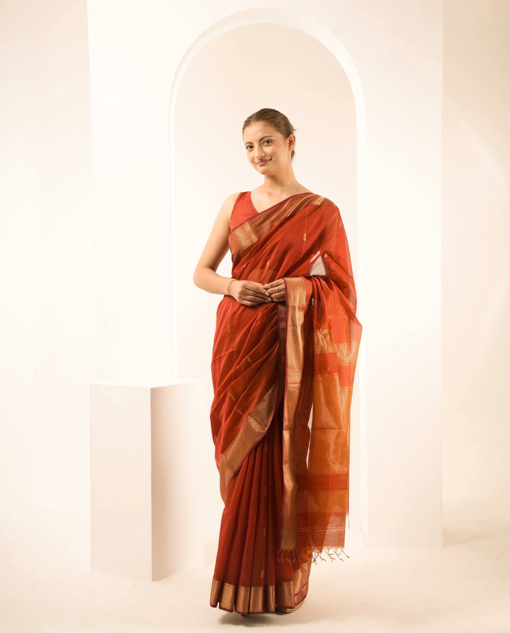 Rust Patti Maheshwari Handloom Saree