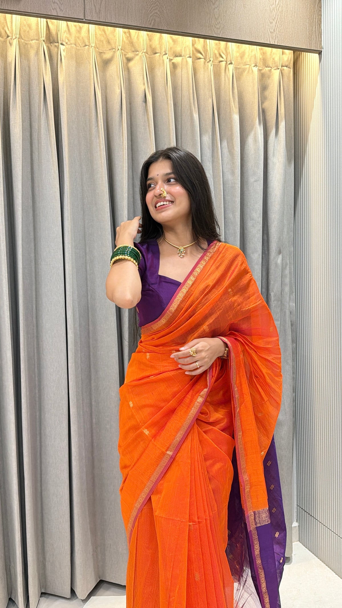 Sayali Kesari Purple Pallu Maheshwari Handloom Saree