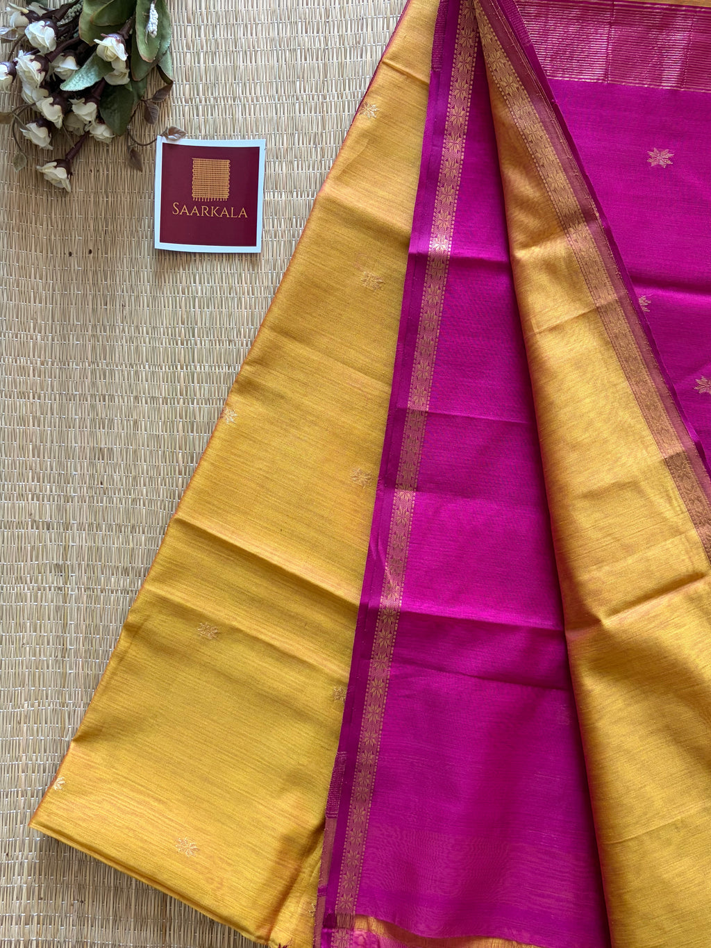 Yellow Light Gold Pink Rani Maheshwari Handloom Silk Cotton Saree