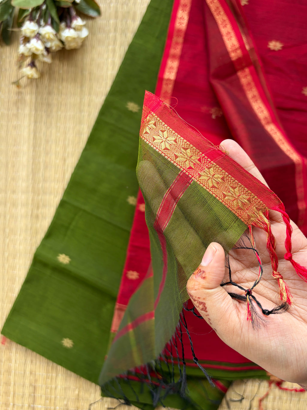 Chameli Red Parrot Green Maheshwari Handloom Saree