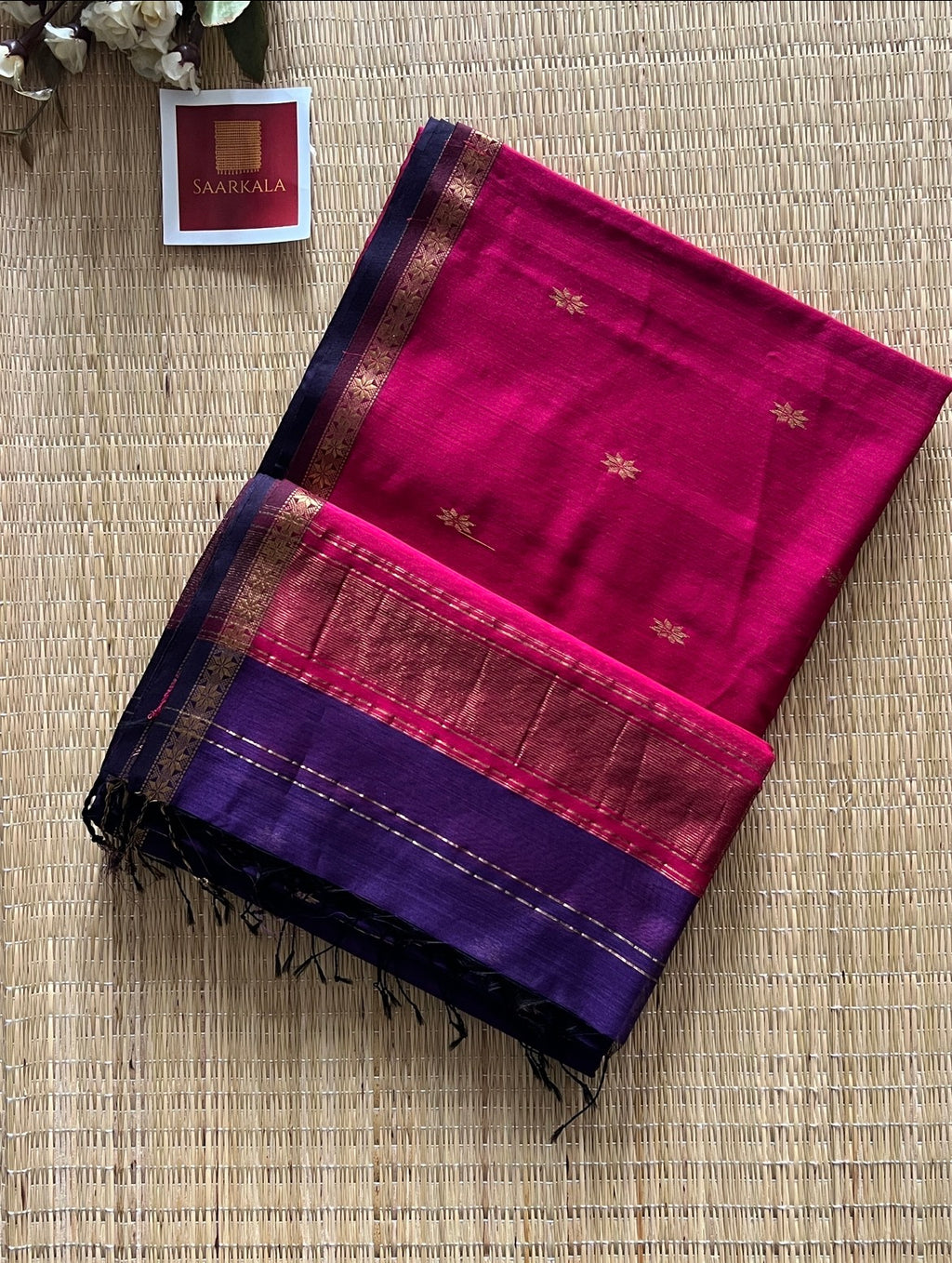 Purple Pink Maheshwari Handwoven Saree with Gold Zari Border
