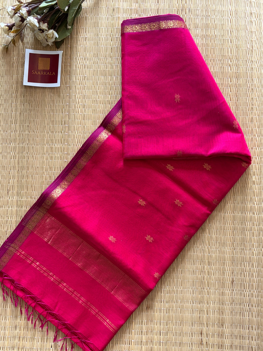 Magenta Kinari Self Pink Chameli Maheshwari Handloom Silk Cotton Saree