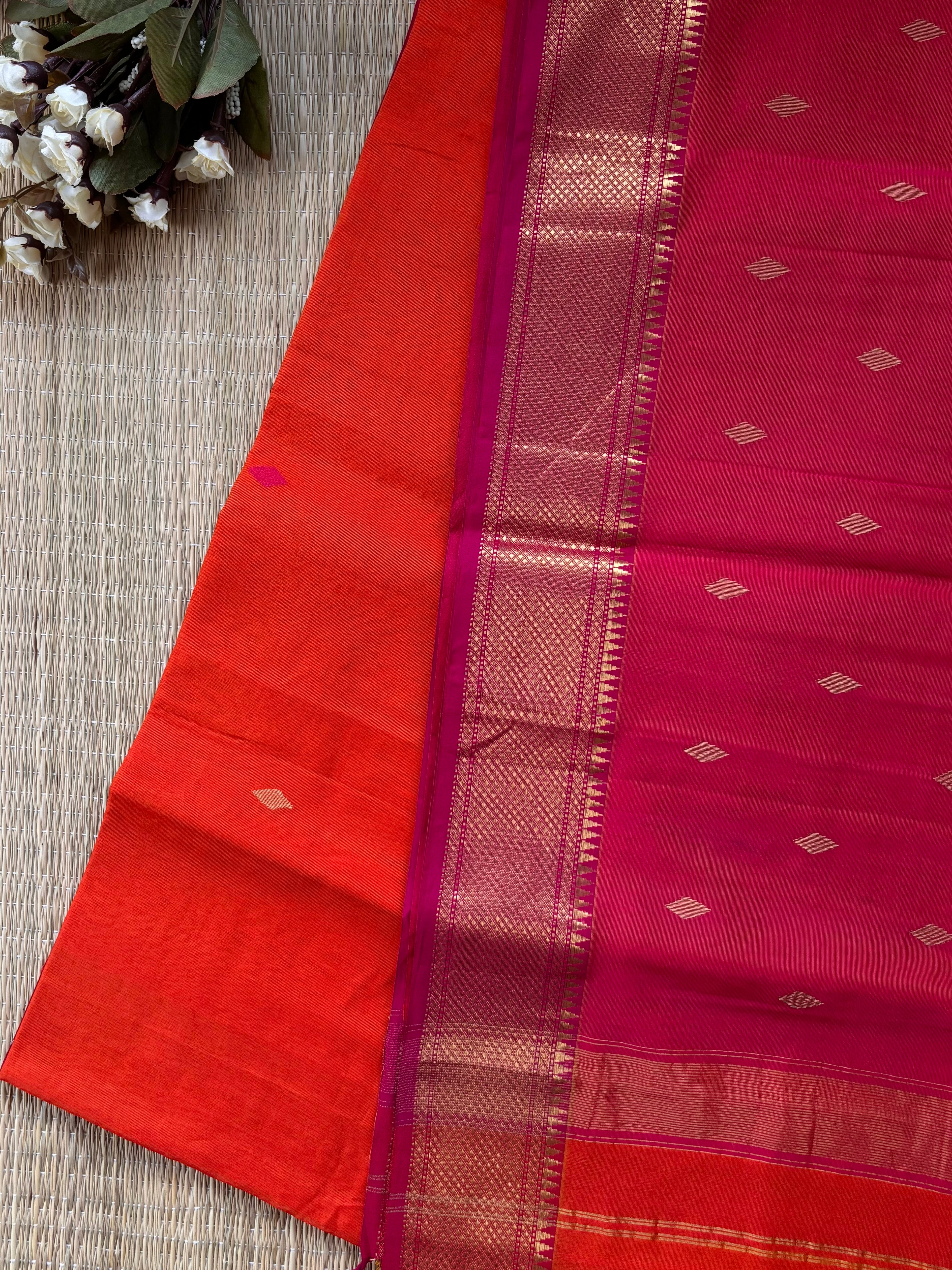 Diamond Buta Orange Pink Maheshwari Handloom Saree