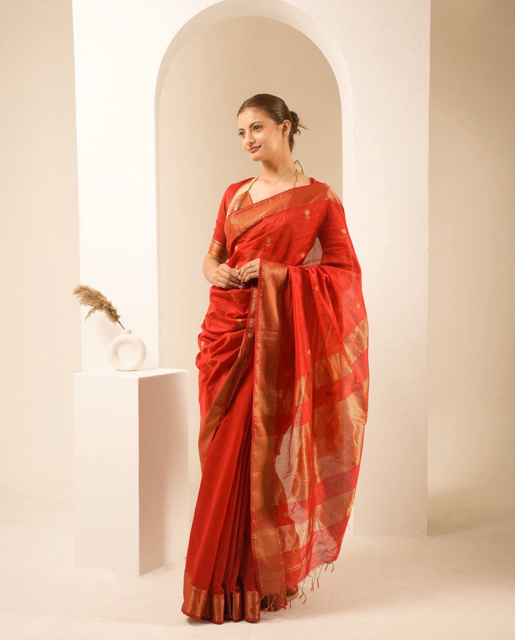 Lotus Red Maheshwari Handloom Saree