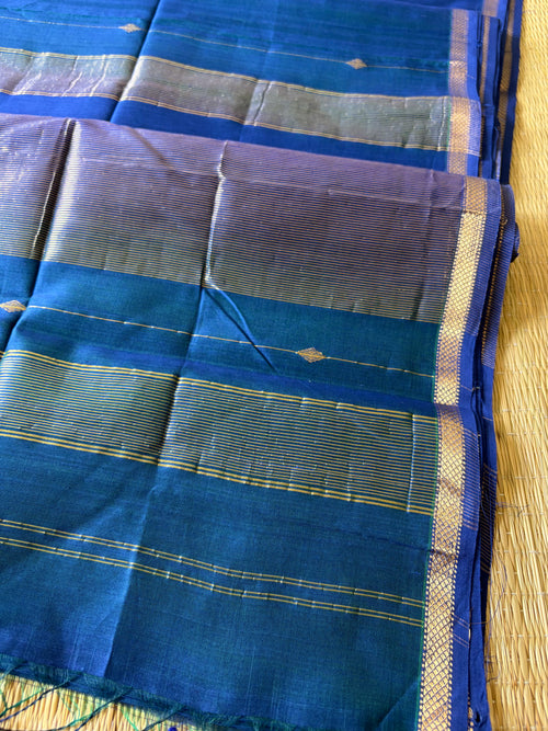 Blue Shaded Maheshwari Handwoven Saree with Gold Zari Border