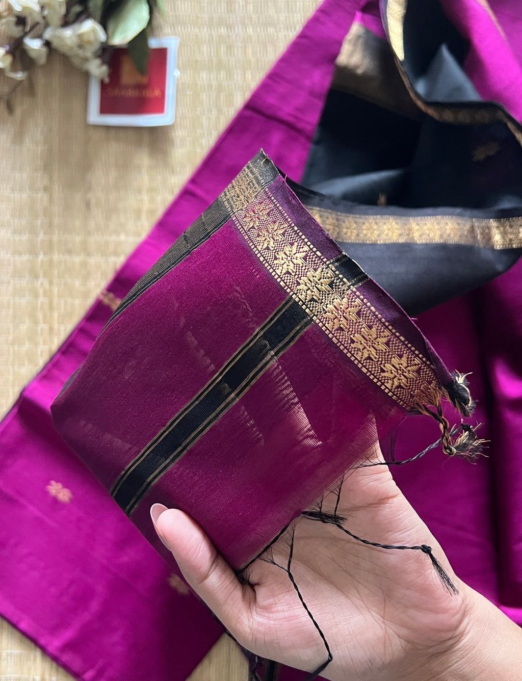 Chameli Magenta Black Maheshwari Handwoven Saree with Gold Zari Border