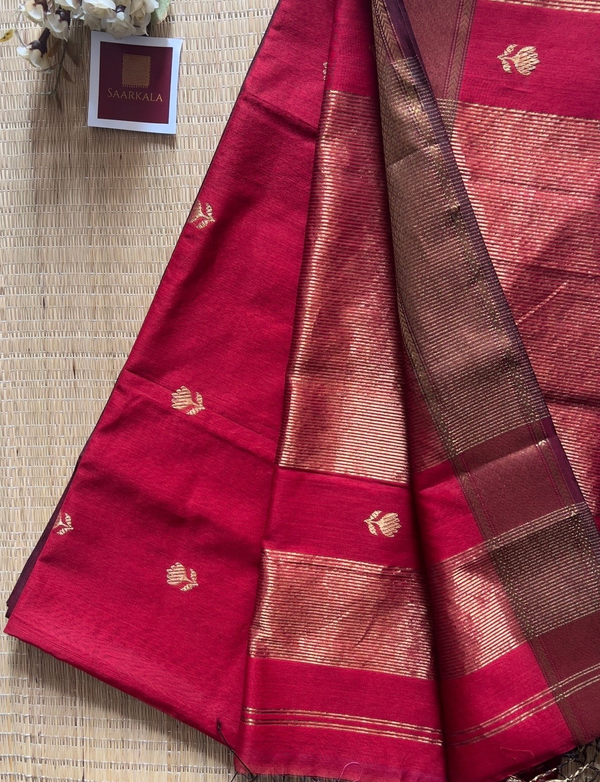 Maroon Lotus Maheshwari silk and cotton Saree