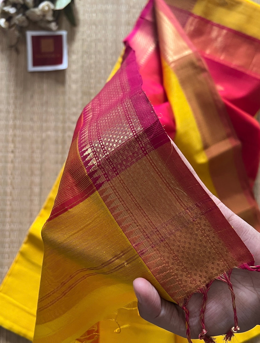 Karvath Pink Yellow silk & cotton pure Handloom saree