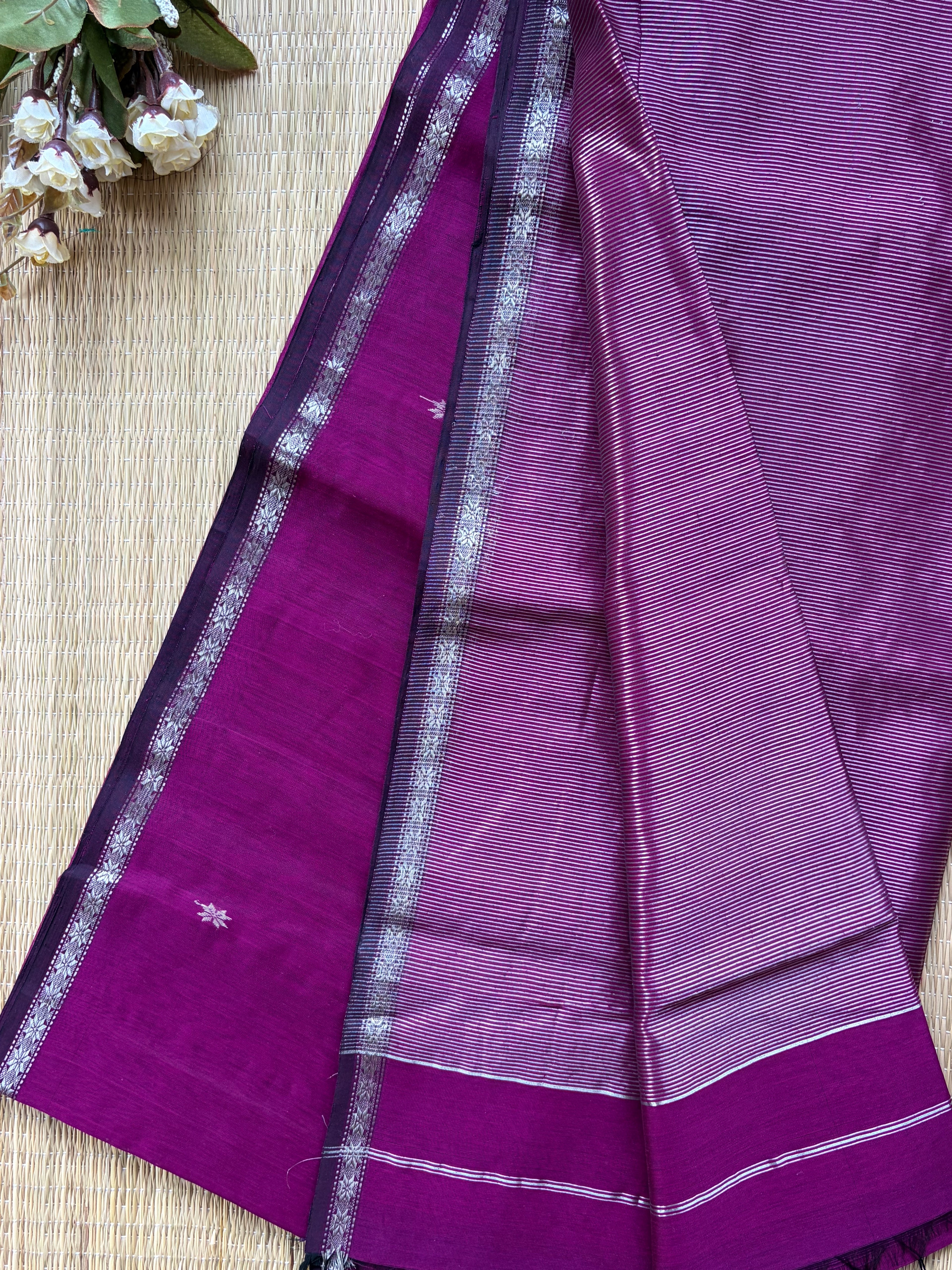 Chameli Silver Zari Purple Maheshwari Handloom Saree