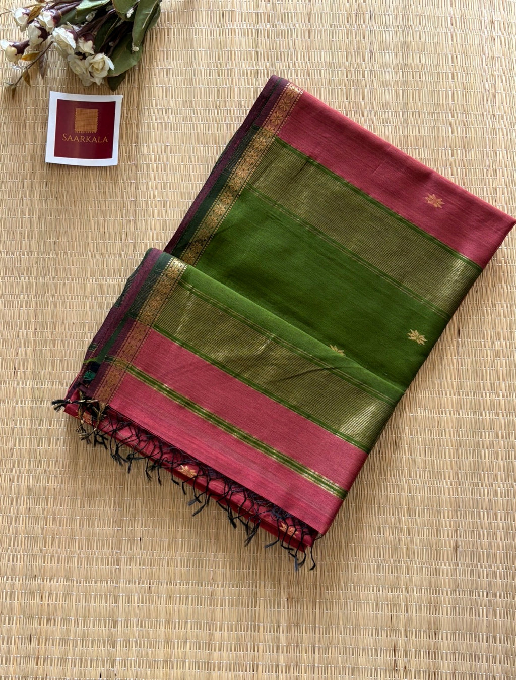 Gajri Green Maheshwari Handwoven Saree with Gold Zari Border