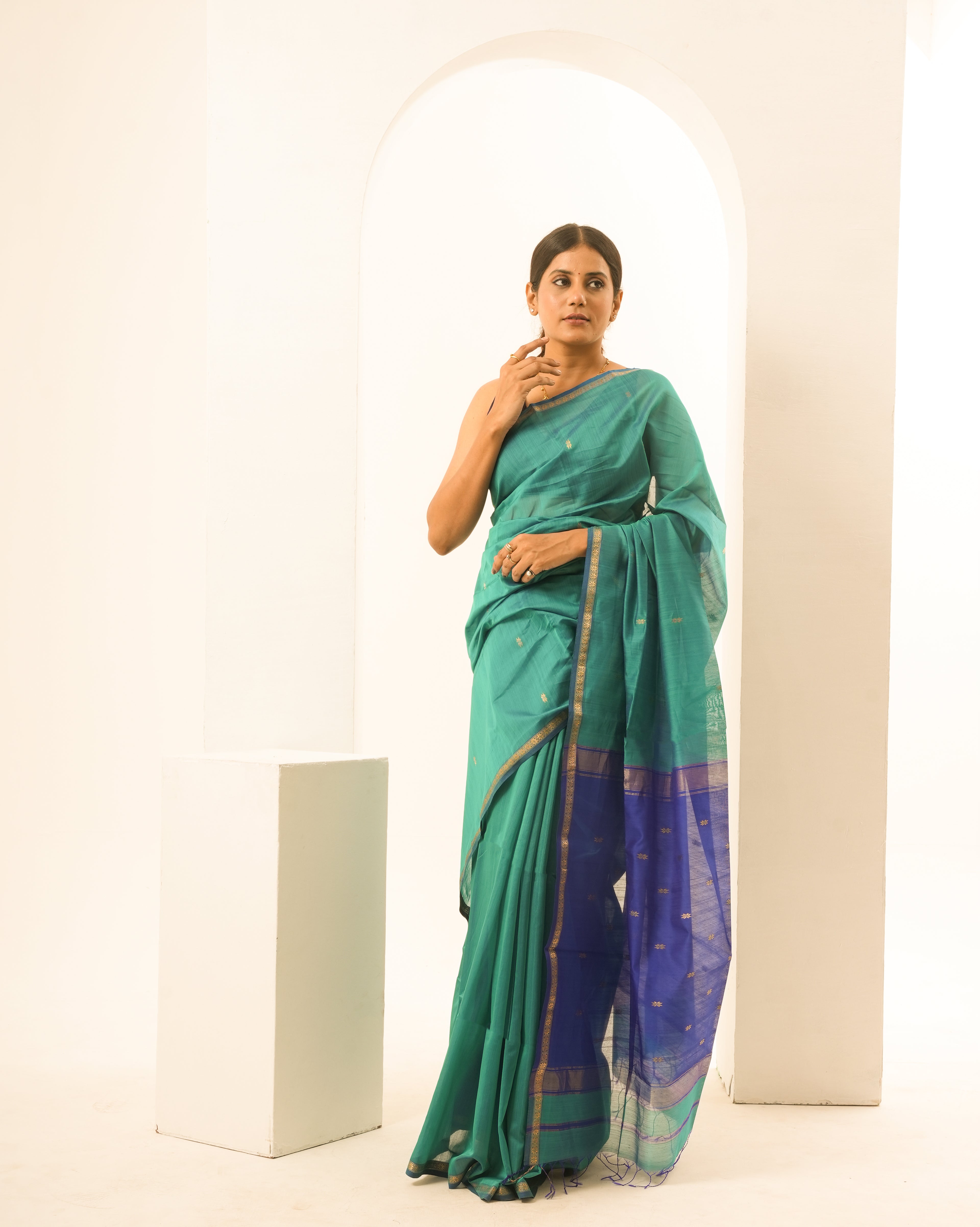Teal Blue Maheshwari Handloom Saree