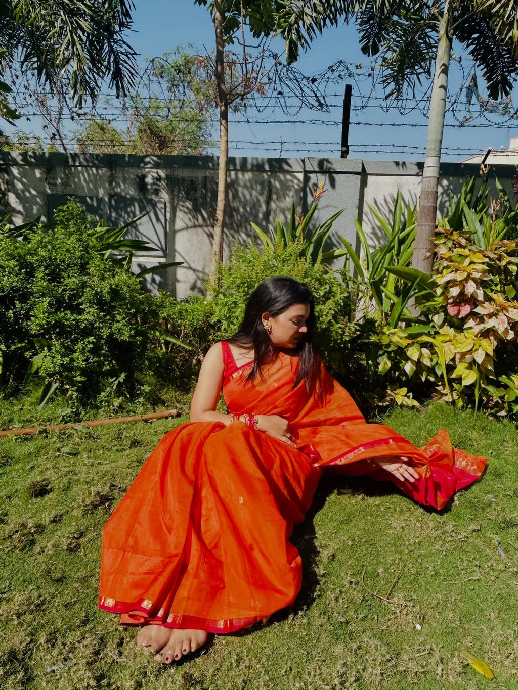 Sayali Orange Pink Chameli Maheshwari Handloom Saree